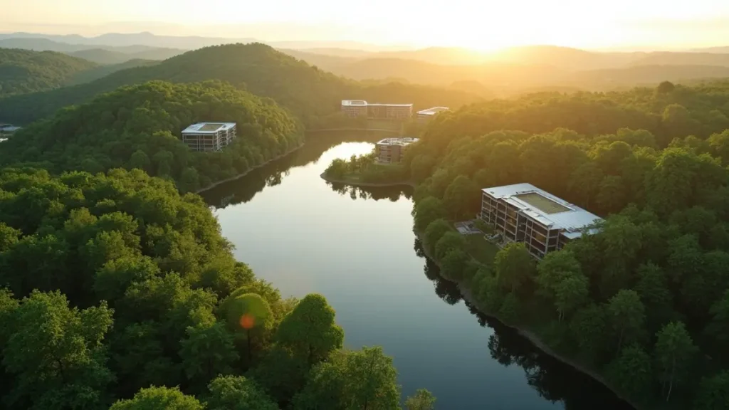 Toàn cảnh Archi Group Resort nhìn từ trên cao giữa rừng và hồ, kiến trúc hòa nhập thiên nhiên, màu xanh tươi và mặt nước yên ả