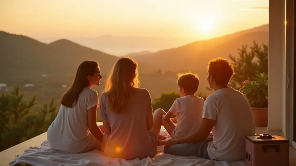 Gia đình thư thái trên ban công villa Archi buổi chiều ấm, cảm nhận giá trị từ thẻ nghỉ dưỡng archi group