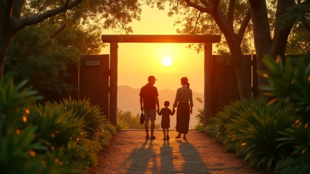 Gia đình cầm thẻ nghỉ dưỡng Archi Group trước cổng resort sinh thái lúc hoàng hôn, không khí ấm áp và an yên